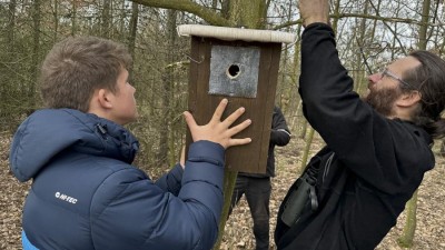 Ornitolog Václav Beran pomáhá s umístěním budek na rekultivace poblíž lomu ČSA. Foto: Oldřich Hájek