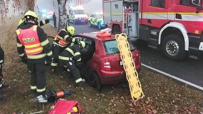 Auto narazilo u Domoušic do stromu, hasiči zraněnou řidičku museli z vraku vystříhat