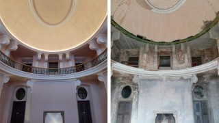 Stavební obnova divadelního sálu zámku Jezeří dokončena. Snímek po a před rekonstrukcí. Foto: NPÚ / Zámek Jezeří