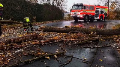 Silný vítr zaměstnával hasičské jednotky po celém kraji. Na Podbořansku narazil vlak do spadlého stromu