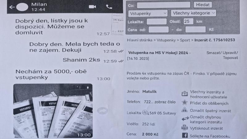 Podvodník nabízel vstupenky na hokejové mistrovství a koncerty. Podvedl lidi z celé republiky